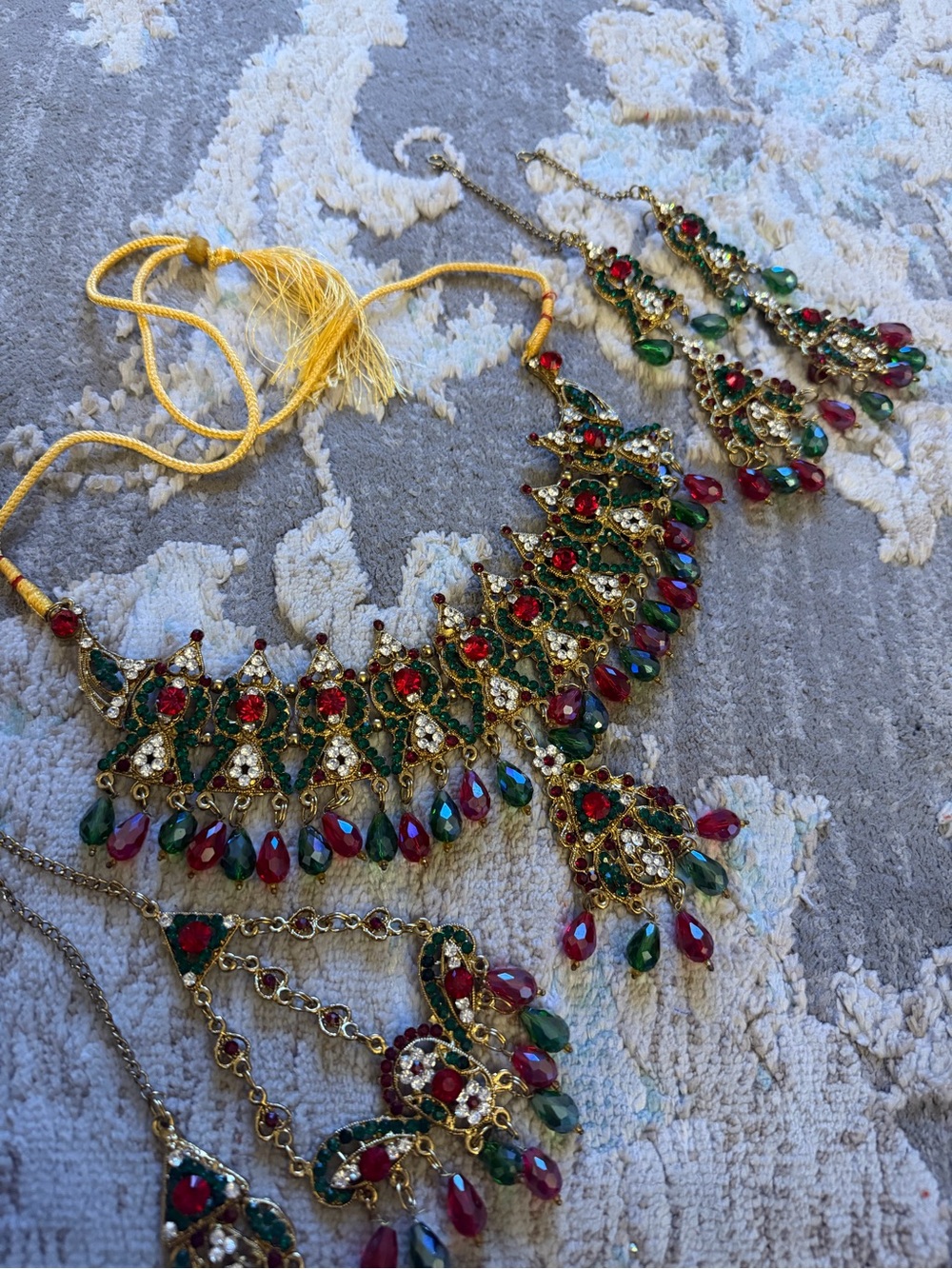 Pakistani/Indian Elegant Gold-Plated Red & Green Statement Necklace Set